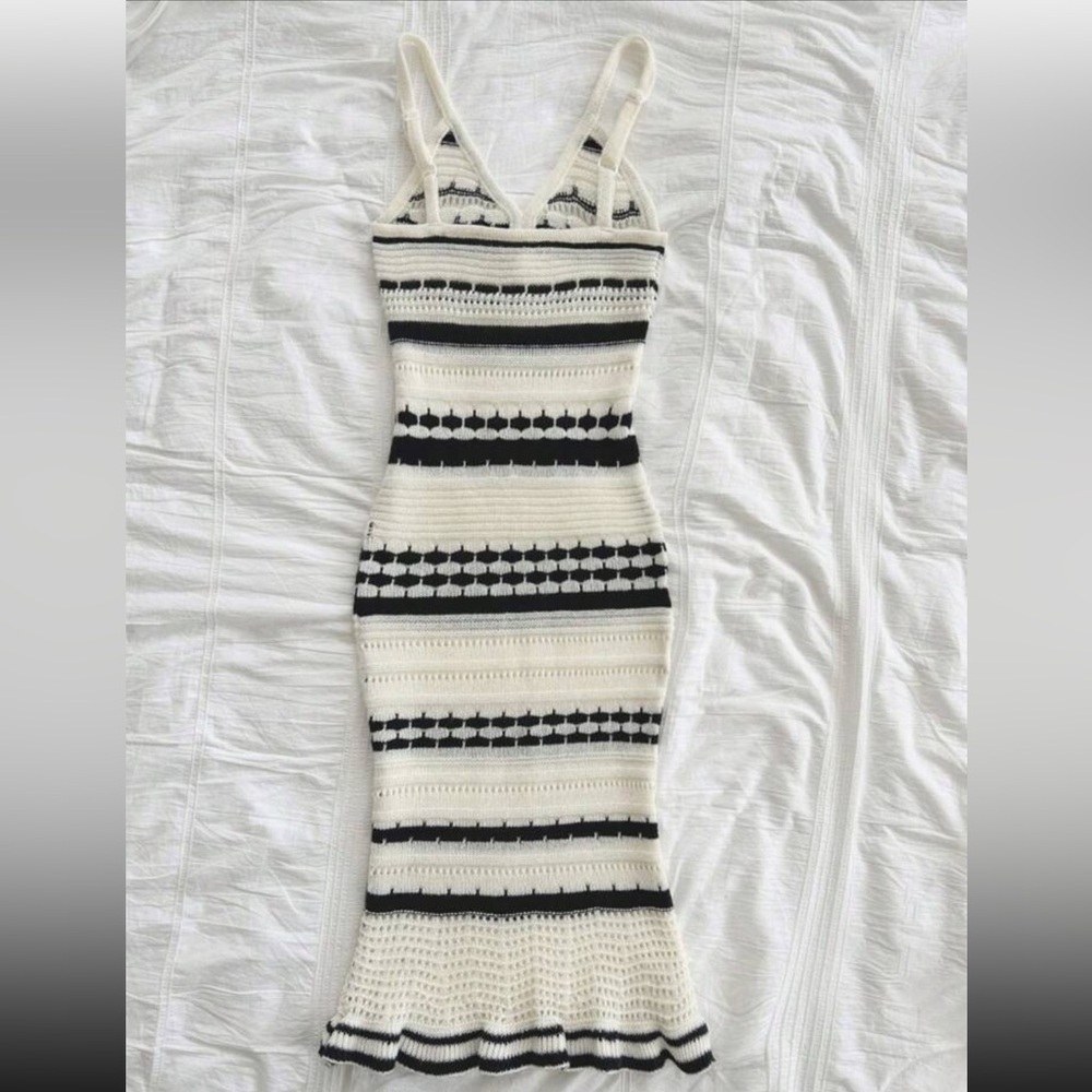 SHEIN Cream and Black Striped Crochet Midi Dress